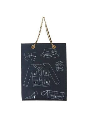 Chanel Icon Print Chain Tote Bag Canvas Navy Gold